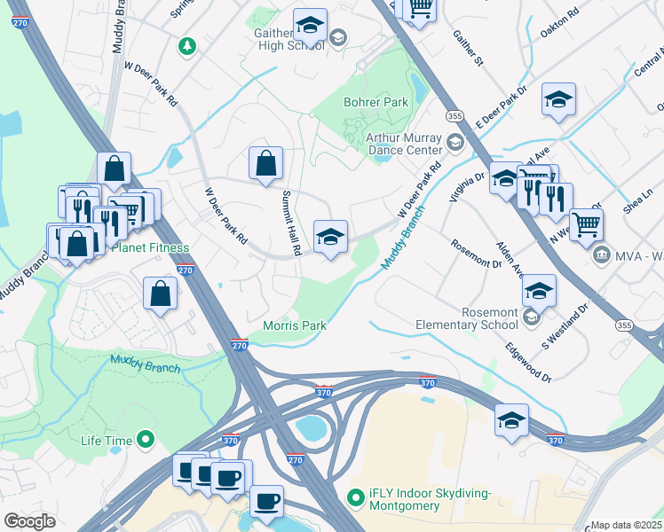 map of restaurants, bars, coffee shops, grocery stores, and more near 101 West Deer Park Road in Gaithersburg