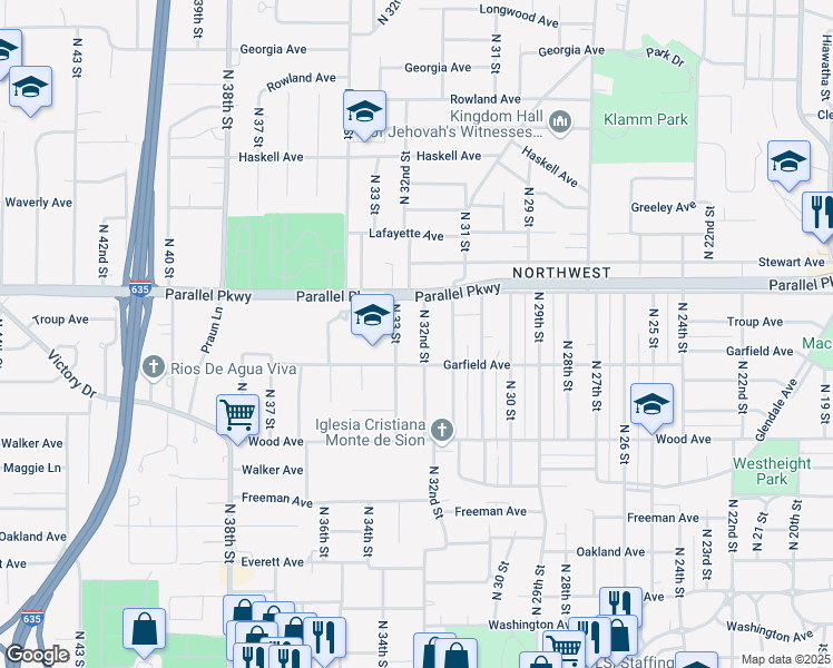 map of restaurants, bars, coffee shops, grocery stores, and more near 1955 North 33 Street in Kansas City