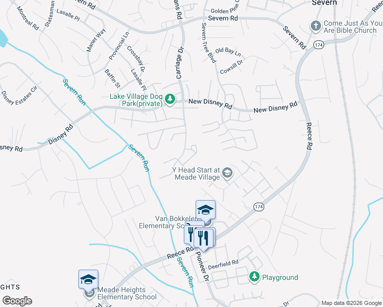 map of restaurants, bars, coffee shops, grocery stores, and more near 7903 Canter Court in Severn