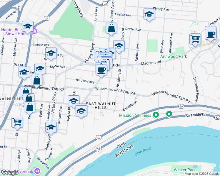 map of restaurants, bars, coffee shops, grocery stores, and more near 1539 Burdette Court in Cincinnati