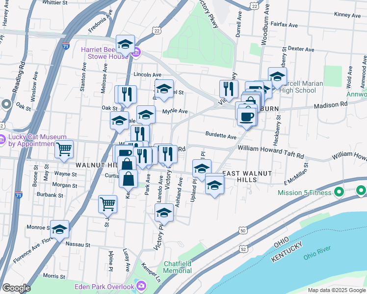 map of restaurants, bars, coffee shops, grocery stores, and more near 1302 William Howard Taft Road in Cincinnati