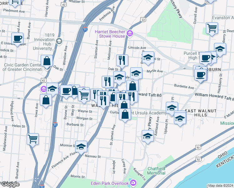 map of restaurants, bars, coffee shops, grocery stores, and more near 2614 Gilbert Avenue in Cincinnati
