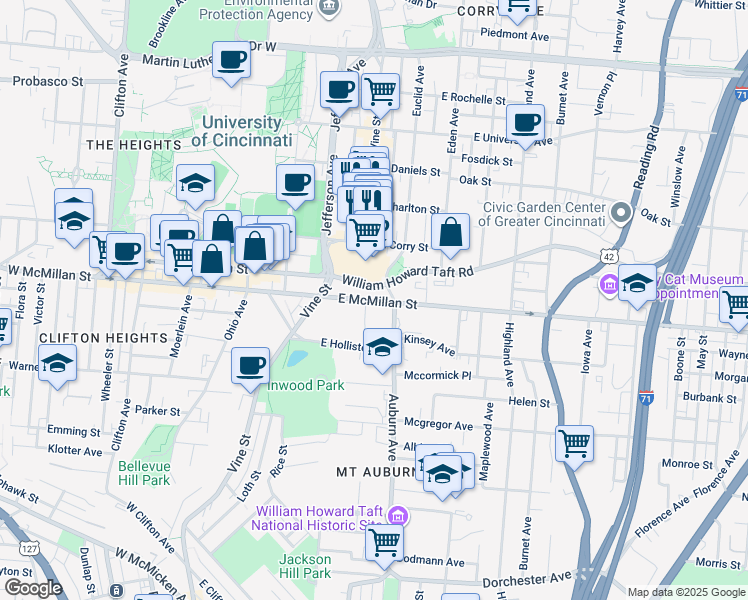 map of restaurants, bars, coffee shops, grocery stores, and more near 31 William Howard Taft Road in Cincinnati