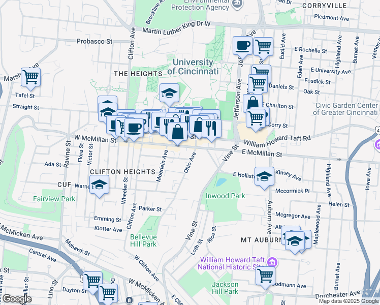 map of restaurants, bars, coffee shops, grocery stores, and more near in Cincinnati
