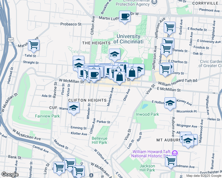 map of restaurants, bars, coffee shops, grocery stores, and more near 141 West McMillan Street in Cincinnati