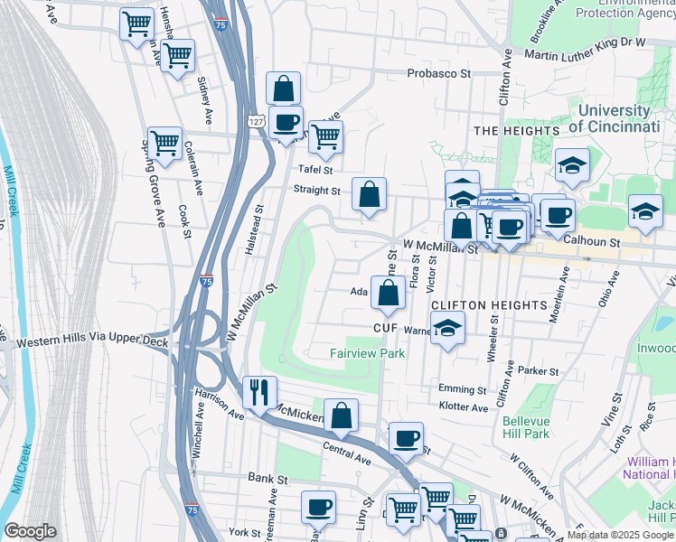 map of restaurants, bars, coffee shops, grocery stores, and more near 2430 Fairview Avenue in Cincinnati