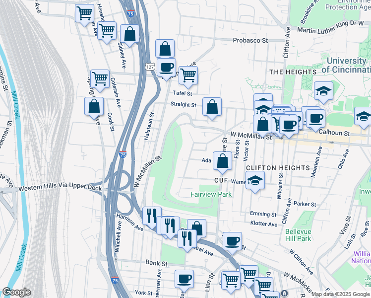 map of restaurants, bars, coffee shops, grocery stores, and more near 1940 Fairview Park Road in Cincinnati