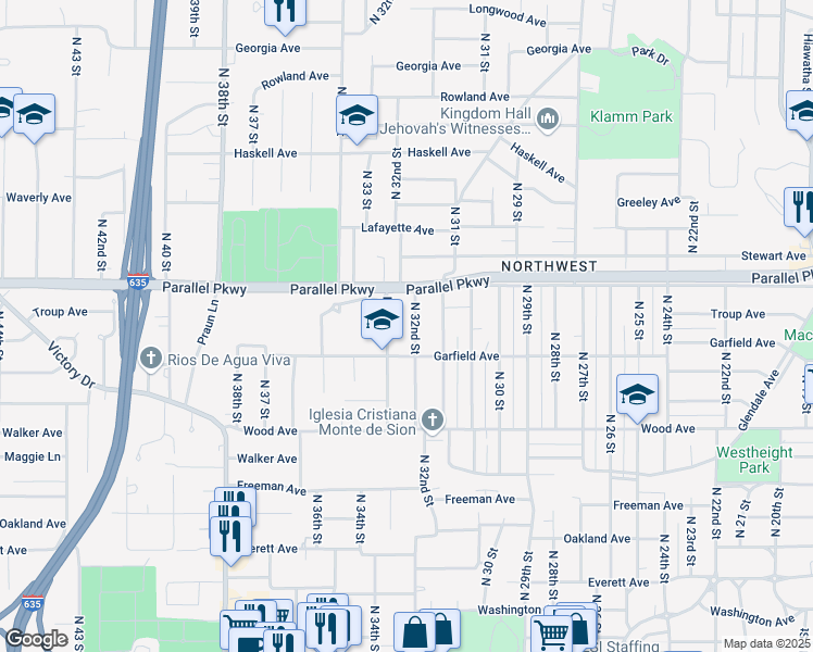 map of restaurants, bars, coffee shops, grocery stores, and more near 1955 North 33 Street in Kansas City