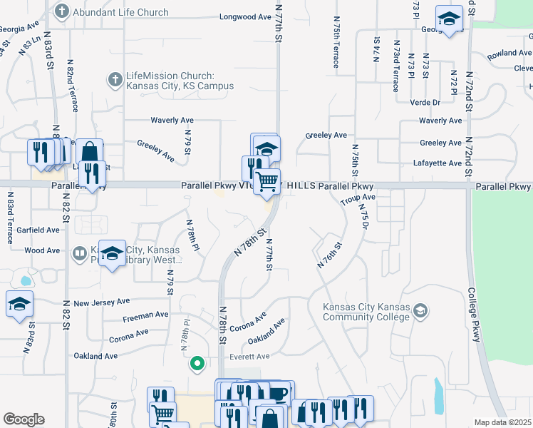 map of restaurants, bars, coffee shops, grocery stores, and more near 1920 North 77th Street in Kansas City