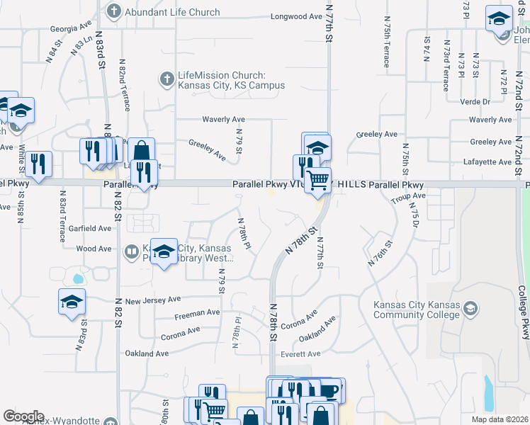 map of restaurants, bars, coffee shops, grocery stores, and more near 1921 North 78 Terrace in Kansas City