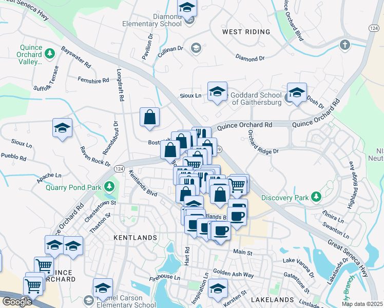 map of restaurants, bars, coffee shops, grocery stores, and more near 23 Arch Place in Gaithersburg
