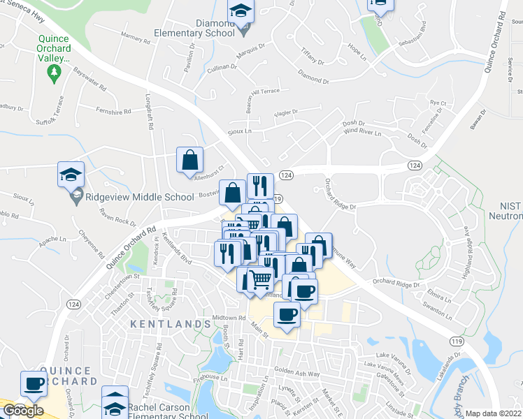 map of restaurants, bars, coffee shops, grocery stores, and more near 917 Quince Orchard Road in Gaithersburg