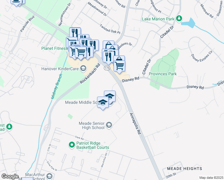 map of restaurants, bars, coffee shops, grocery stores, and more near 26th Street in Fort Meade