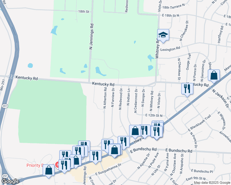 map of restaurants, bars, coffee shops, grocery stores, and more near 1308 North Redwood Drive in Independence