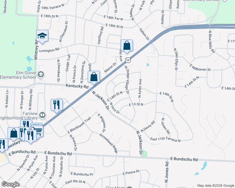 map of restaurants, bars, coffee shops, grocery stores, and more near 19104 East 14th Street North in Independence