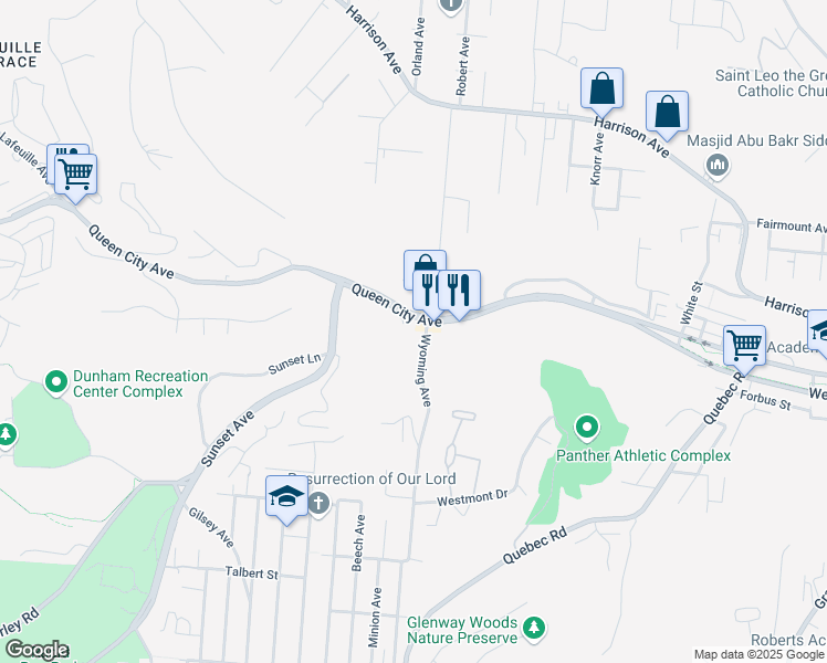 map of restaurants, bars, coffee shops, grocery stores, and more near 2203 Queen City Avenue in Cincinnati