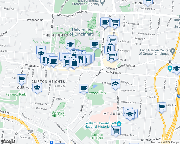 map of restaurants, bars, coffee shops, grocery stores, and more near 39 West McMillan Street in Cincinnati