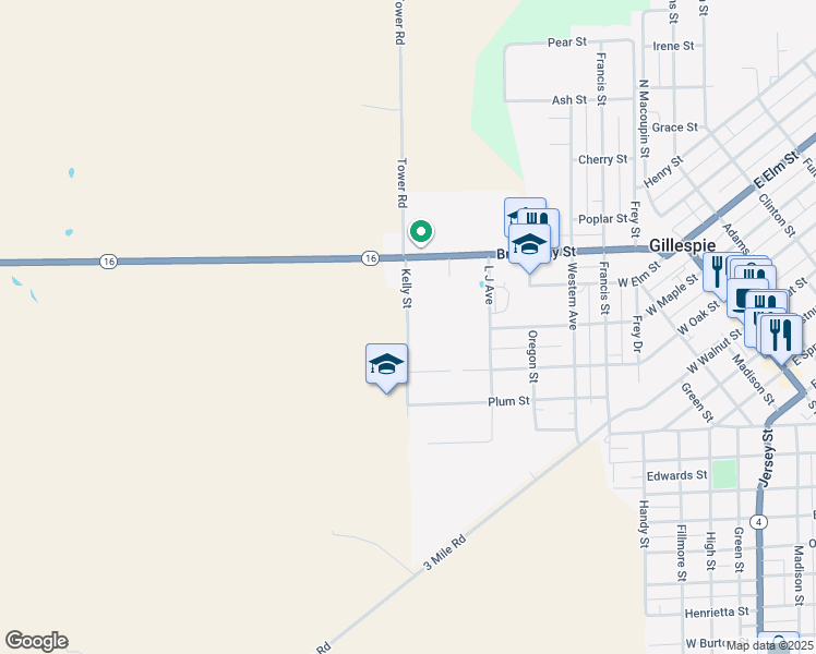 map of restaurants, bars, coffee shops, grocery stores, and more near Kelly Street in Gillespie