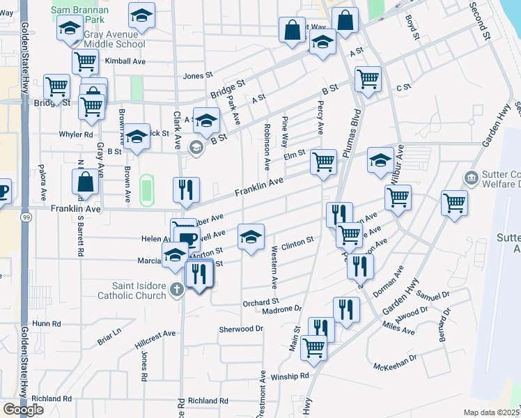 map of restaurants, bars, coffee shops, grocery stores, and more near 784 Taber Avenue in Yuba City