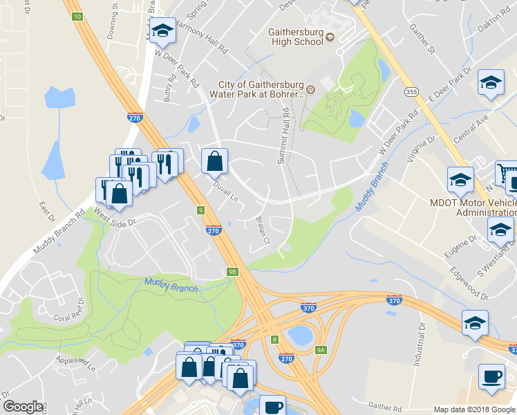 map of restaurants, bars, coffee shops, grocery stores, and more near 114 Deer Park Way in Gaithersburg