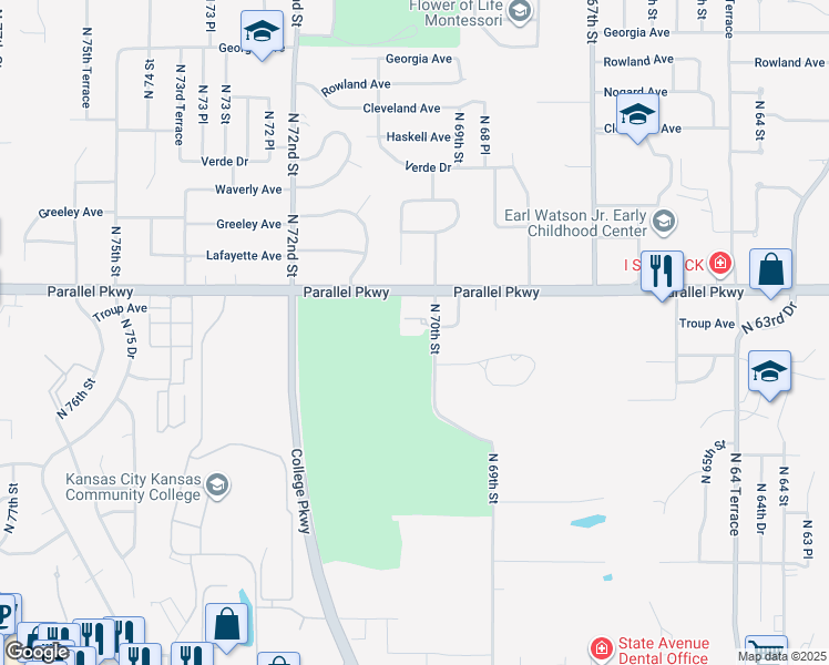 map of restaurants, bars, coffee shops, grocery stores, and more near 1900 North 70th Street in Kansas City