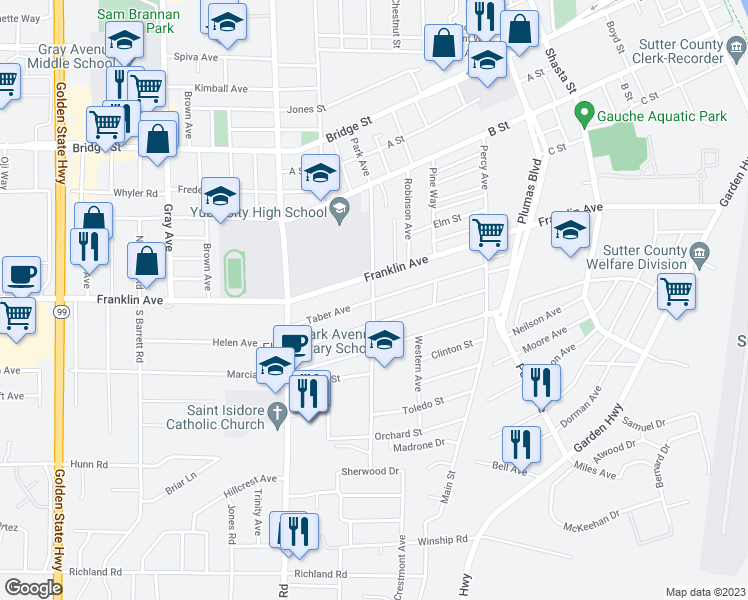 map of restaurants, bars, coffee shops, grocery stores, and more near 823 Taber Avenue in Yuba City