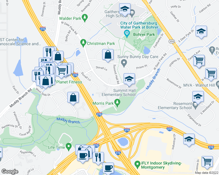 map of restaurants, bars, coffee shops, grocery stores, and more near 111 Deer Park Lane in Gaithersburg