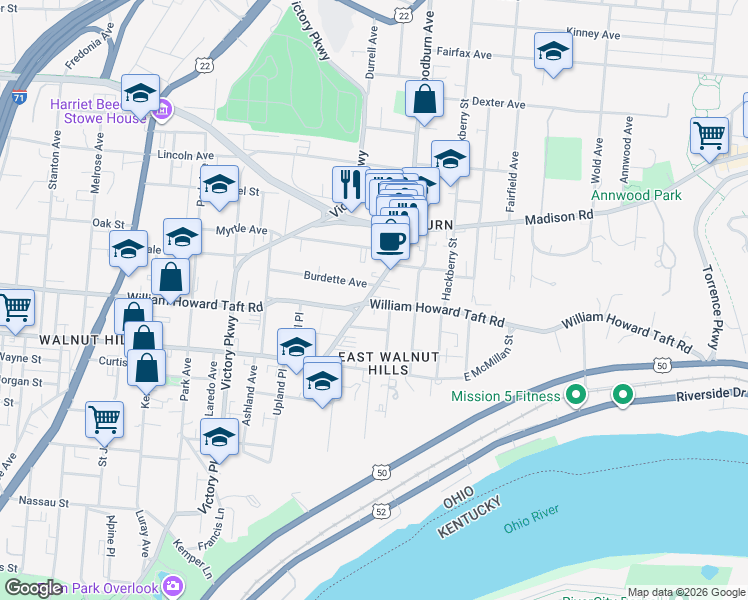 map of restaurants, bars, coffee shops, grocery stores, and more near 2600 Woodburn Avenue in Cincinnati