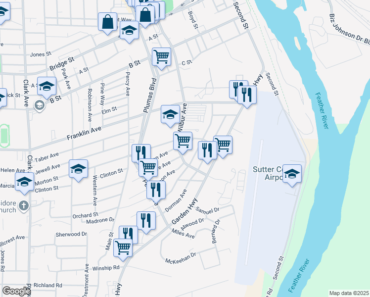 map of restaurants, bars, coffee shops, grocery stores, and more near 221 Moore Avenue in Yuba City