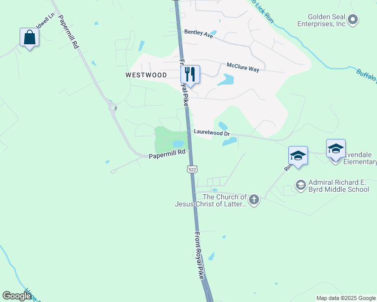 map of restaurants, bars, coffee shops, grocery stores, and more near 1301 Front Royal Pike in Winchester