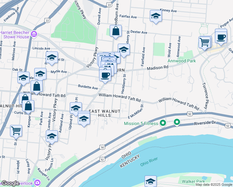 map of restaurants, bars, coffee shops, grocery stores, and more near 2613 Hackberry Street in Cincinnati