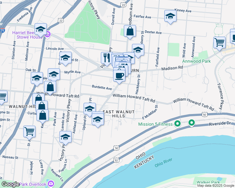 map of restaurants, bars, coffee shops, grocery stores, and more near 2609 Woodburn Avenue in Cincinnati