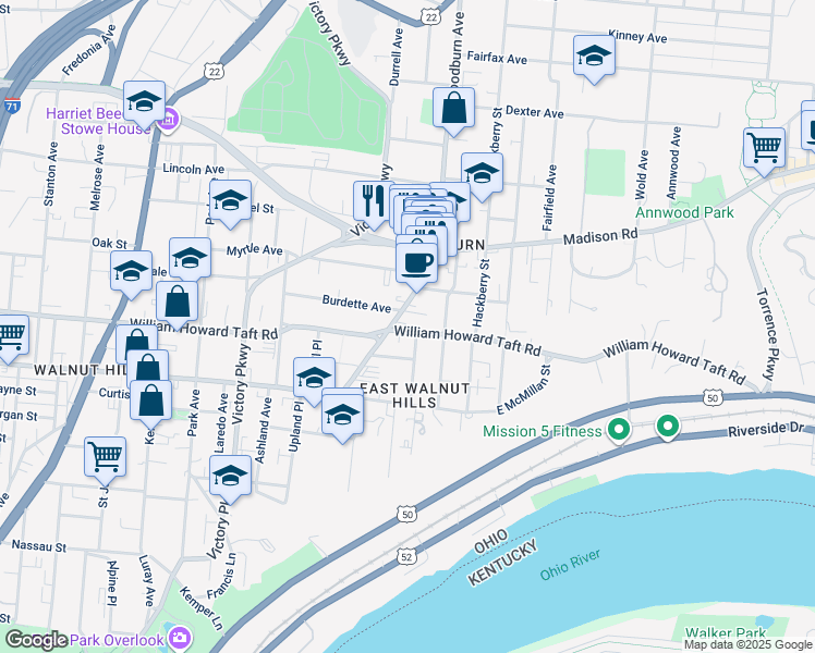 map of restaurants, bars, coffee shops, grocery stores, and more near 2609 Woodburn Avenue in Cincinnati