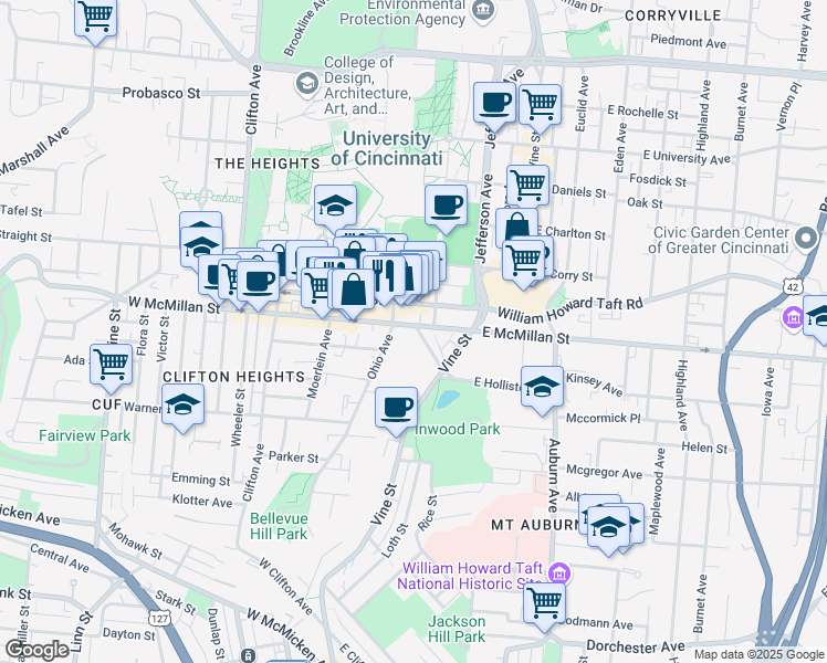 map of restaurants, bars, coffee shops, grocery stores, and more near in Cincinnati