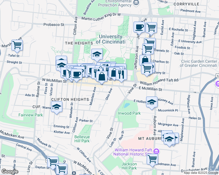 map of restaurants, bars, coffee shops, grocery stores, and more near in Cincinnati