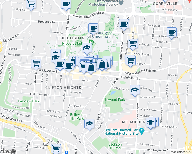 map of restaurants, bars, coffee shops, grocery stores, and more near 107 West McMillan Street in Cincinnati