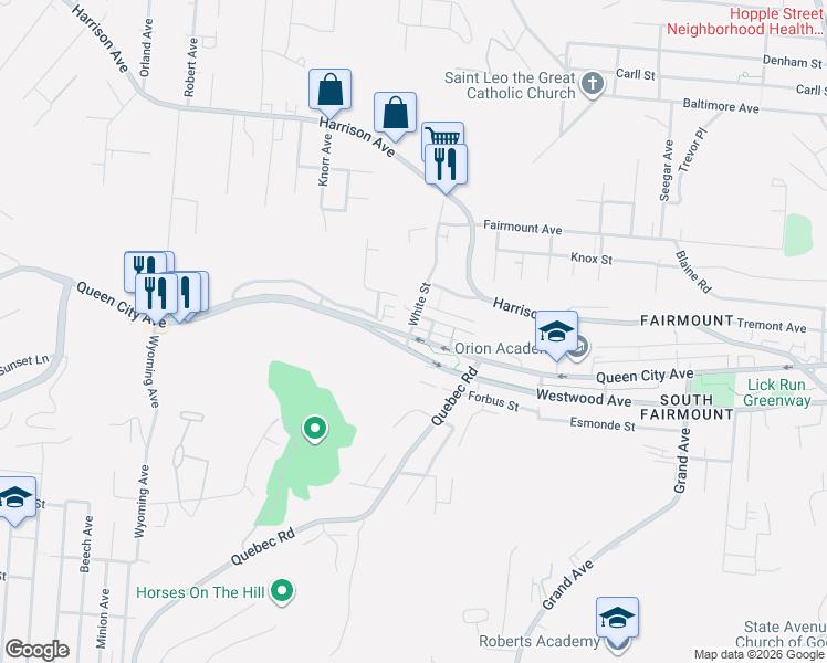 map of restaurants, bars, coffee shops, grocery stores, and more near 1950 Queen City Avenue in Cincinnati