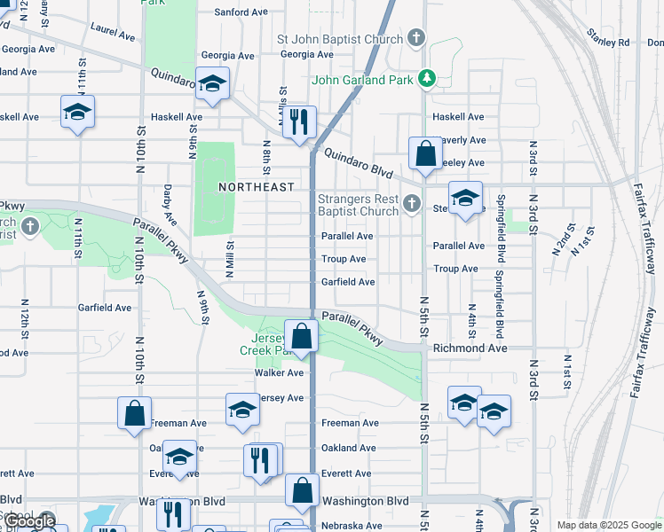 map of restaurants, bars, coffee shops, grocery stores, and more near 645 Troup Avenue in Kansas City