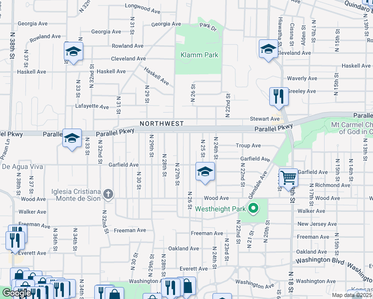 map of restaurants, bars, coffee shops, grocery stores, and more near 1951 North 27th Street in Kansas City