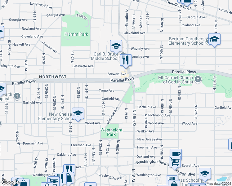 map of restaurants, bars, coffee shops, grocery stores, and more near 1939 Troup Avenue in Kansas City
