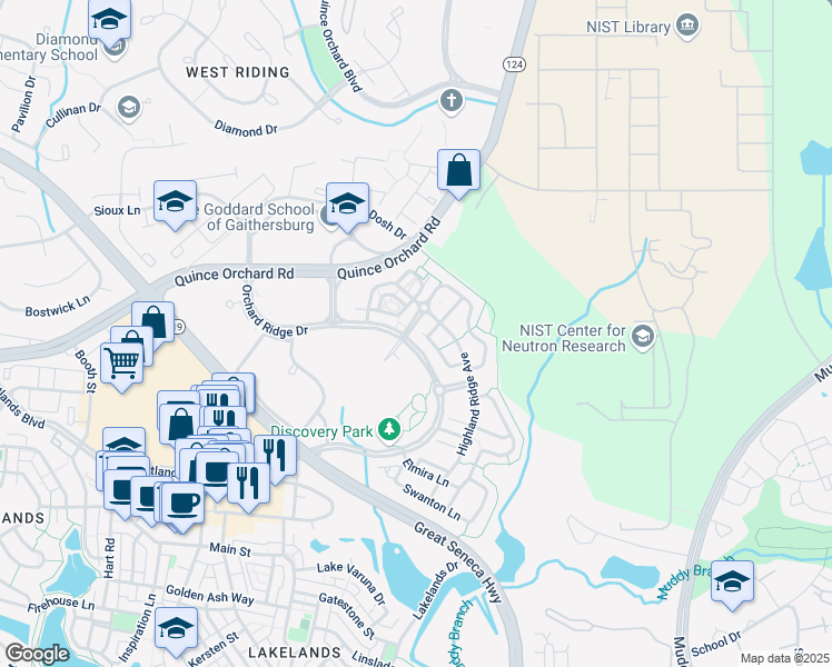 map of restaurants, bars, coffee shops, grocery stores, and more near 106 Winter Walk Drive in Gaithersburg