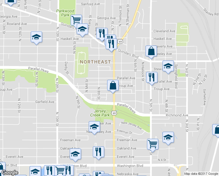 map of restaurants, bars, coffee shops, grocery stores, and more near 711 Troup Avenue in Kansas City