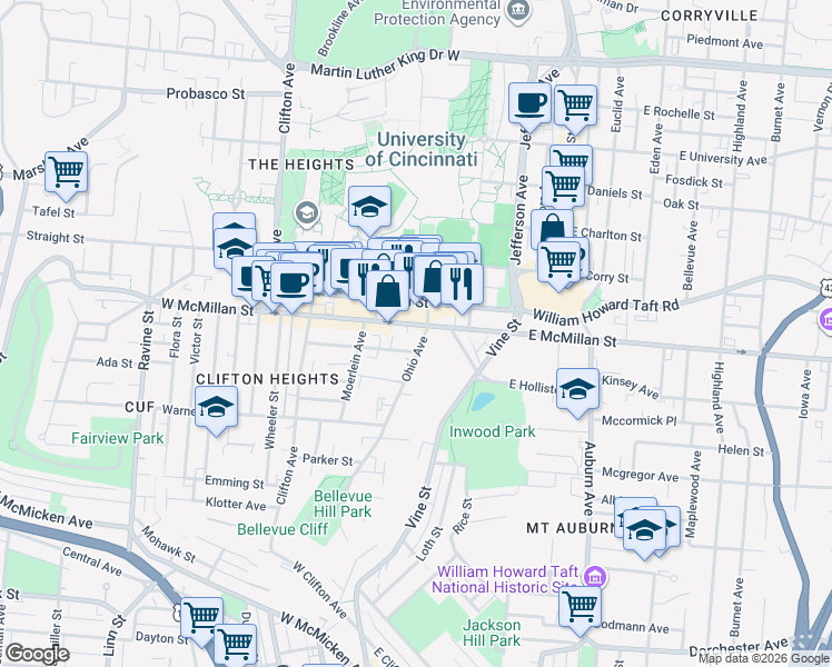 map of restaurants, bars, coffee shops, grocery stores, and more near 2441 Ohio Avenue in Cincinnati
