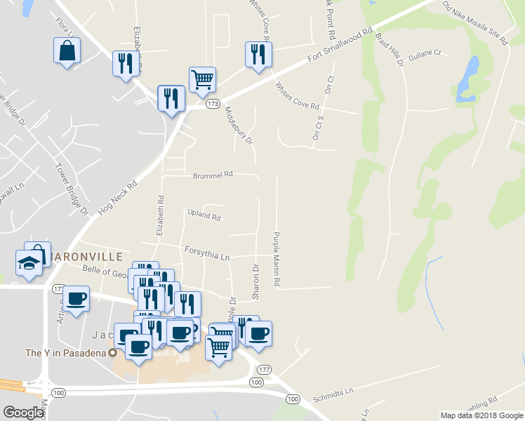 map of restaurants, bars, coffee shops, grocery stores, and more near 307 Sharon Drive in Pasadena