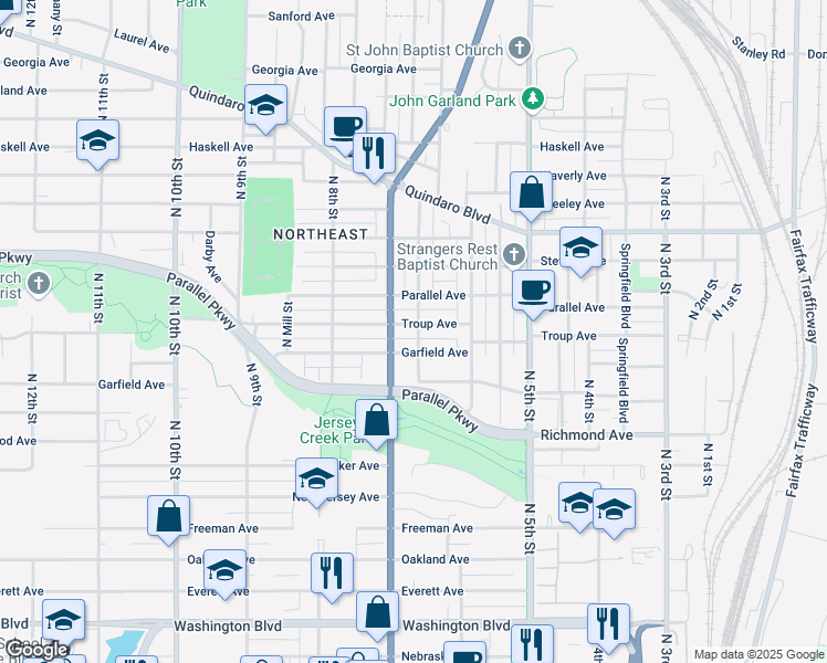map of restaurants, bars, coffee shops, grocery stores, and more near 645 Troup Avenue in Kansas City