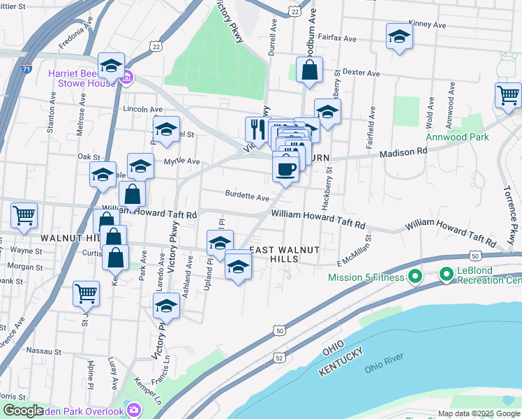 map of restaurants, bars, coffee shops, grocery stores, and more near 2609 Woodburn Avenue in Cincinnati