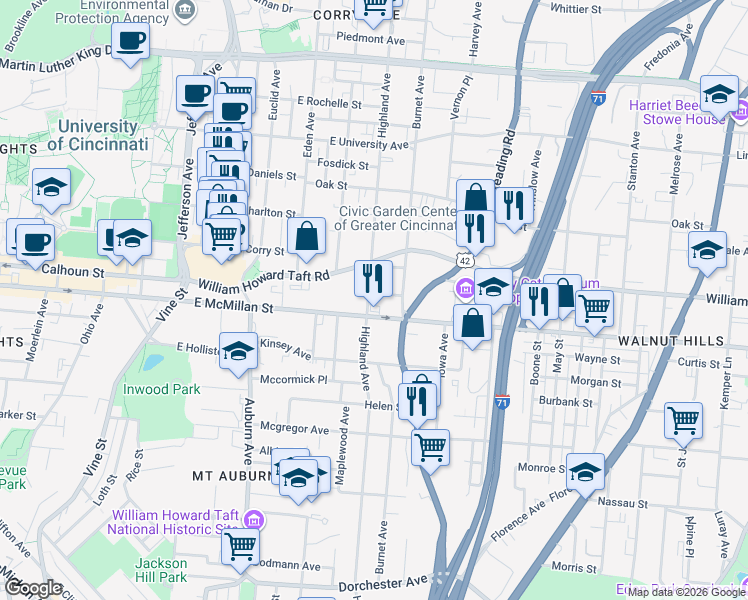 map of restaurants, bars, coffee shops, grocery stores, and more near 315 Shea Place in Cincinnati