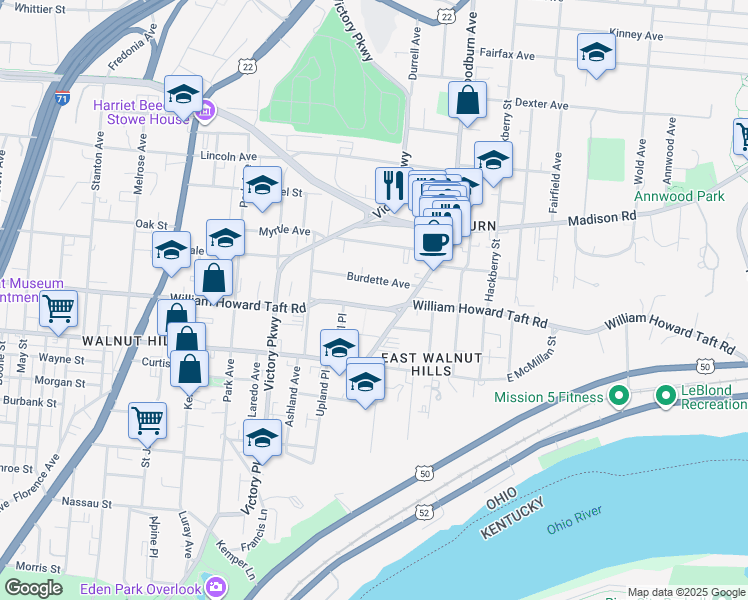 map of restaurants, bars, coffee shops, grocery stores, and more near 1350 William Howard Taft Road in Cincinnati