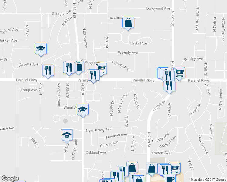 map of restaurants, bars, coffee shops, grocery stores, and more near 1938 North 80th Court in Kansas City