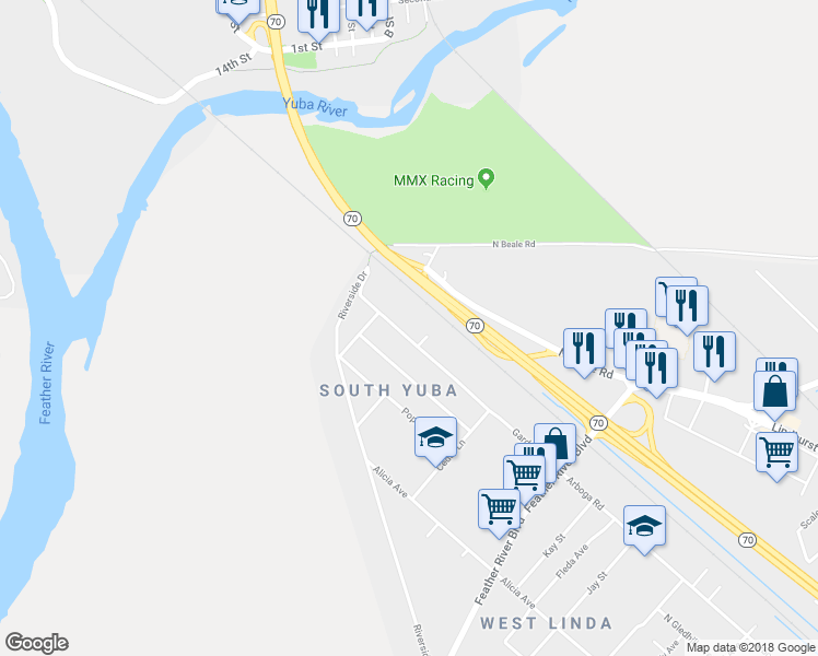 map of restaurants, bars, coffee shops, grocery stores, and more near 5943 Garden Avenue in Olivehurst